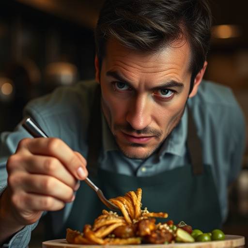 Antoine Chevalier, joué par Pierre Clément, dégustant un plat avec un air critique lors d'une dégustation.