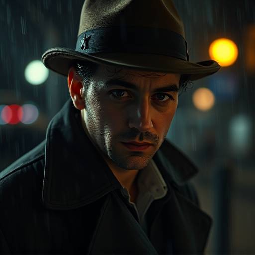 Antoine Laurent dans le rôle du détective Antoine Moreau, l'air pensif sous la pluie.