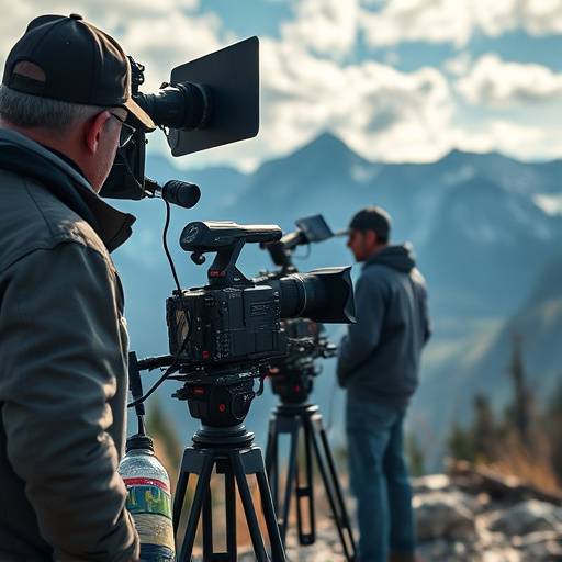 Image des coulisses du tournage de 'Le Secret des Montagnes' montrant l'équipe dans un paysage montagneux