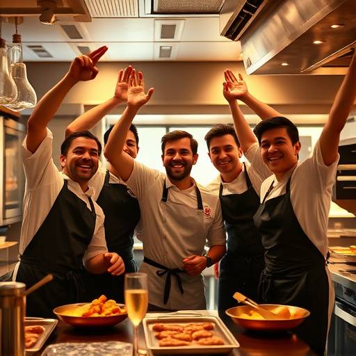 L'équipe de cuisine de Julien Dubois célébrant une victoire après un service particulièrement réussi.