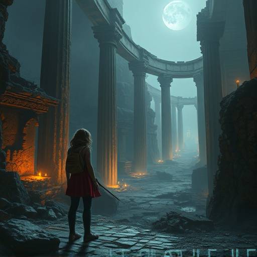 Scène de 'La Ville Invisible' montrant Elisa explorant une ancienne ruine