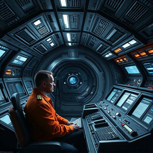 Vue de l'intérieur du vaisseau Stardust, montrant l'ingénieur en chef Marc Dubois, joué par Jean-Pierre Dubois, travaillant sur des consoles.